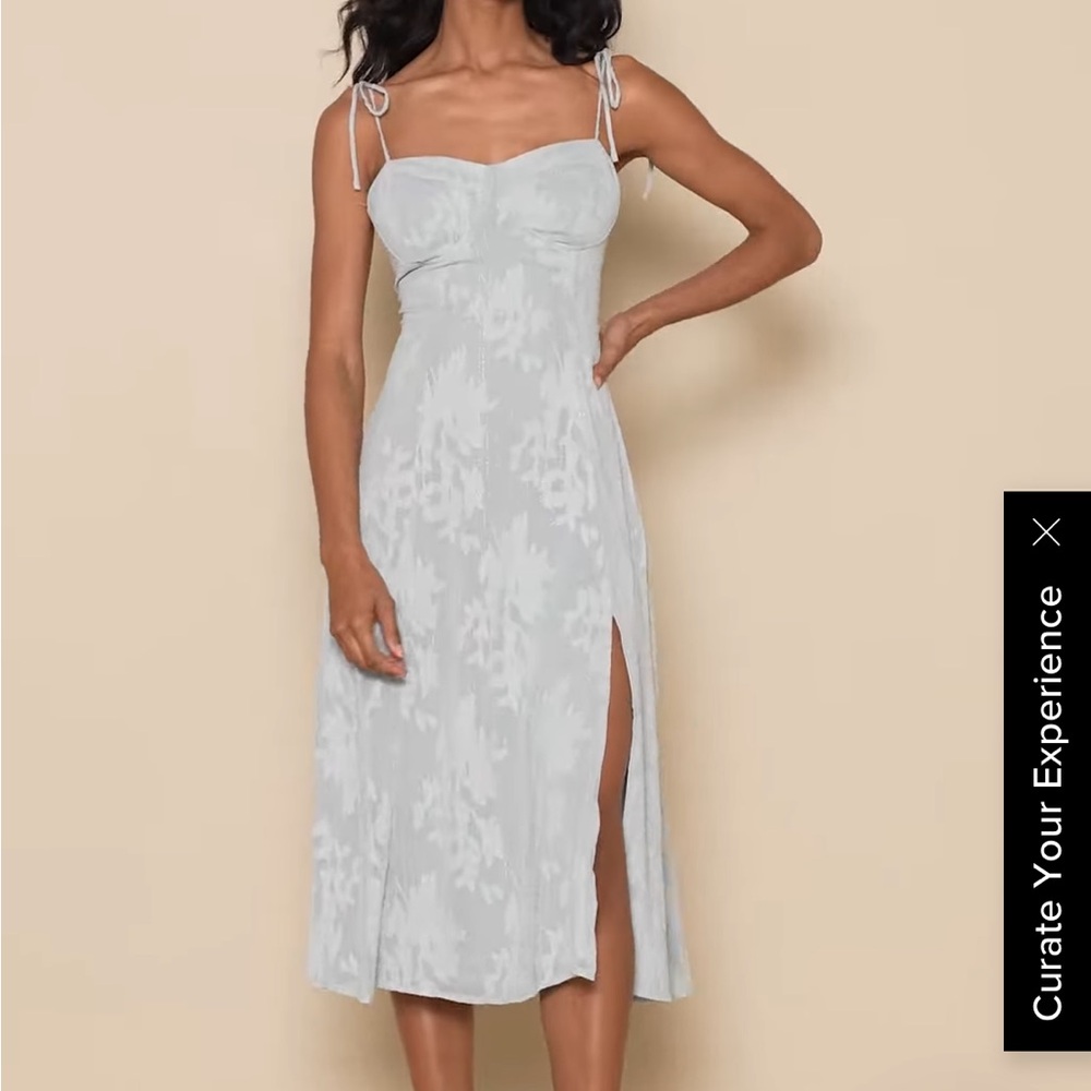 Lulus Loveliest Looks Dusty Blue Floral Jacquard Tie-Strap Midi Dress